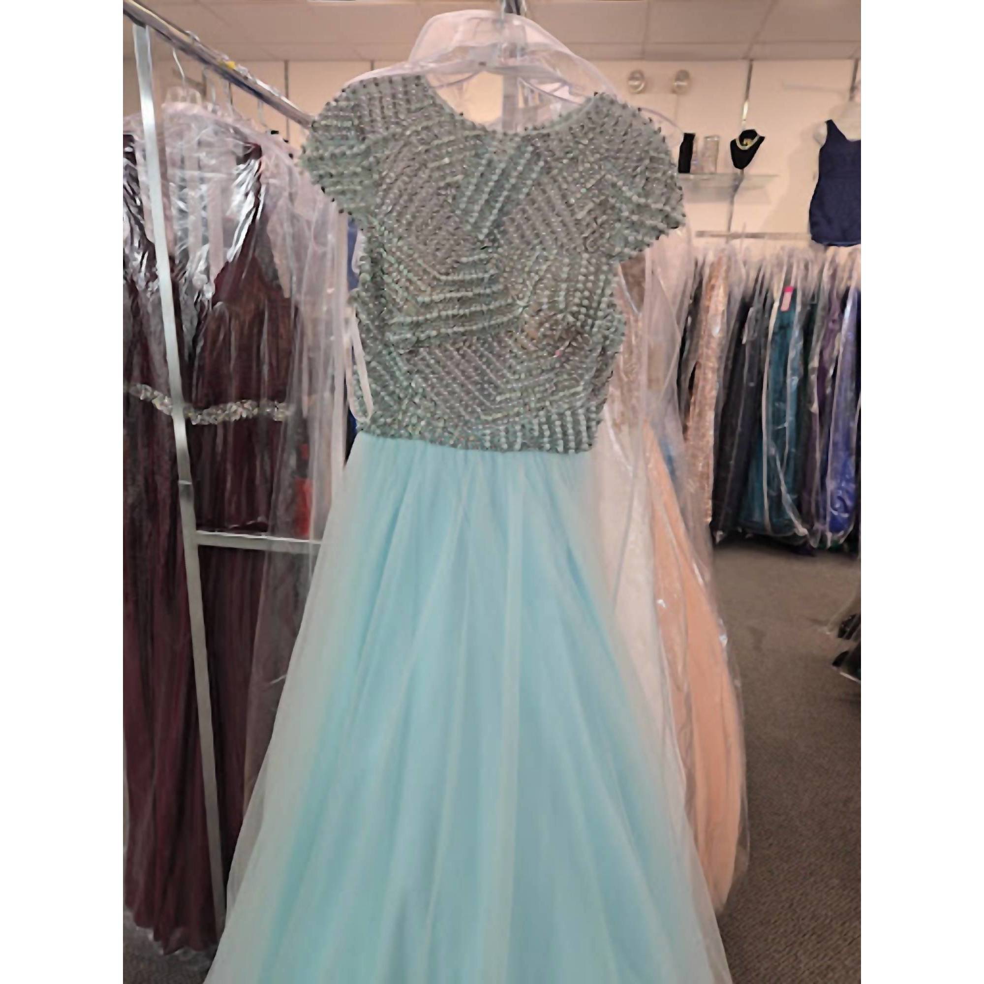 New Eleni Elias Women's Beaded Tulle Evening Gown With Short Sleeves In Aqua